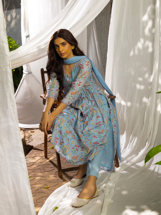 Floral Printed A-Line Empire Kurta With Trouser & Dupatta - Buy Best Ethnic Wear for Women & Girls | Daily Woman - 