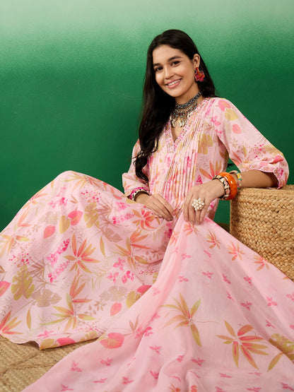 Floral Printed A-Line Kurta With Trousers & Dupatta - Buy Best Ethnic Wear for Women & Girls | Daily Woman - 