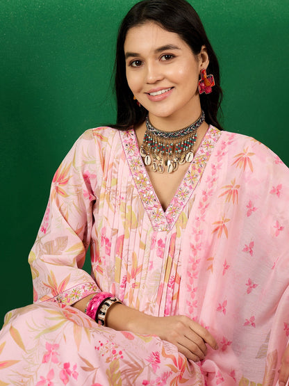Floral Printed A-Line Kurta With Trousers & Dupatta - Buy Best Ethnic Wear for Women & Girls | Daily Woman - 