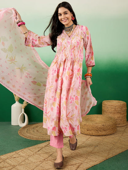 Floral Printed A-Line Kurta With Trousers & Dupatta - Buy Best Ethnic Wear for Women & Girls | Daily Woman - 