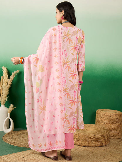 Floral Printed A-Line Kurta With Trousers & Dupatta - Buy Best Ethnic Wear for Women & Girls | Daily Woman - 
