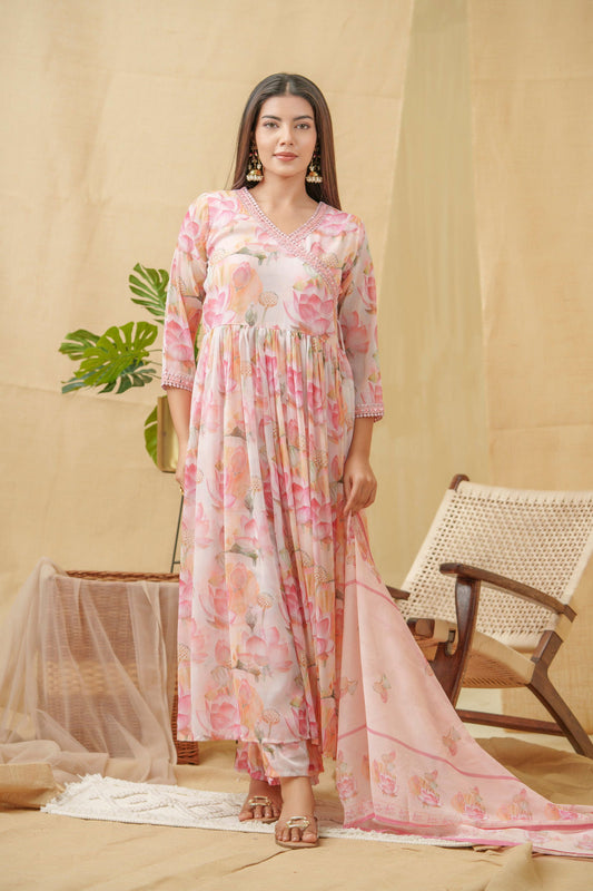 Floral Printed Angrakha A-Line Kurta With Palazzos & Dupatta - Buy Best Ethnic Wear for Women & Girls | Daily Woman - 