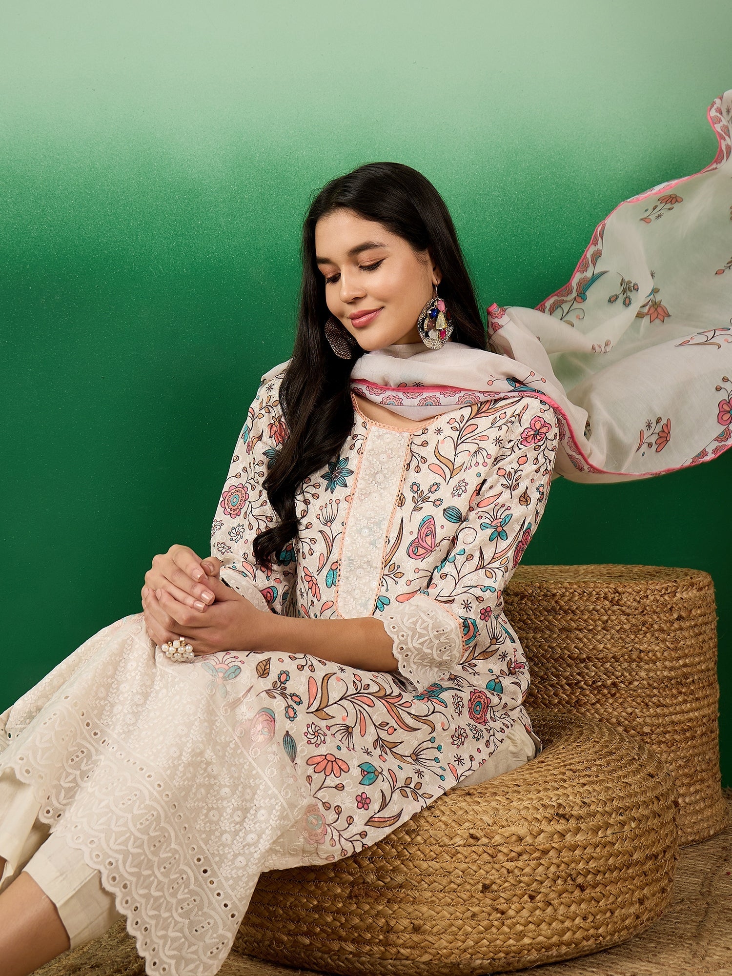 Floral Printed Cotton Round Neck Straight Kurta With Trousers & Dupatta - Buy Best Ethnic Wear for Women & Girls | Daily Woman - 