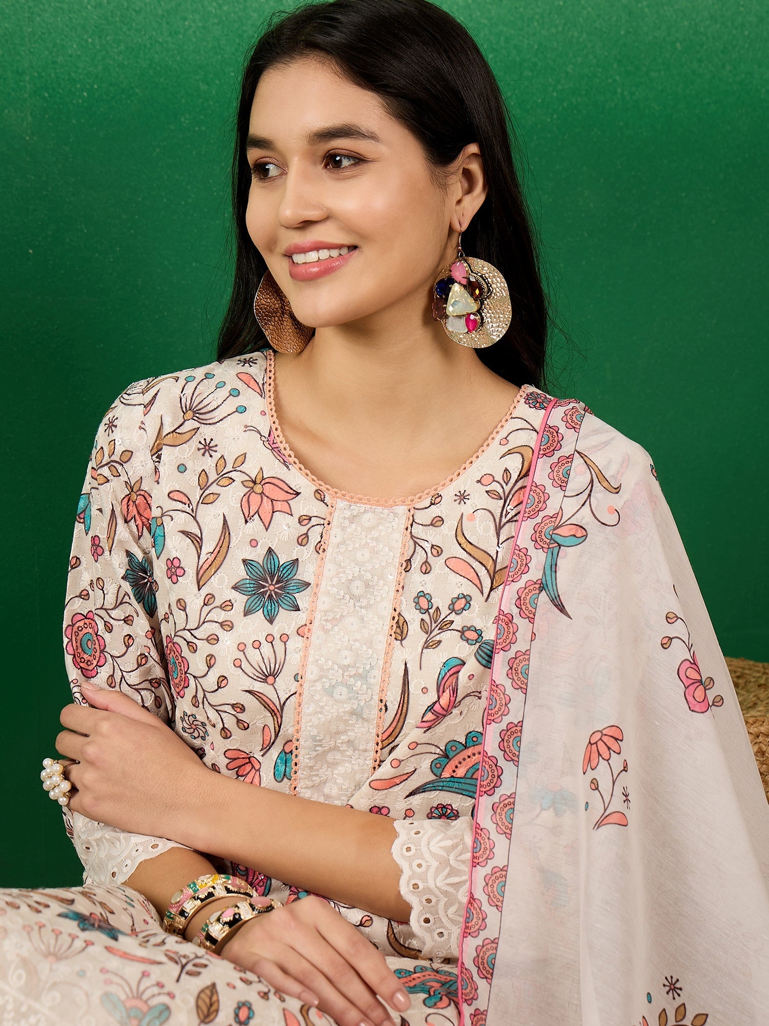 Floral Printed Cotton Round Neck Straight Kurta With Trousers & Dupatta - Buy Best Ethnic Wear for Women & Girls | Daily Woman - 