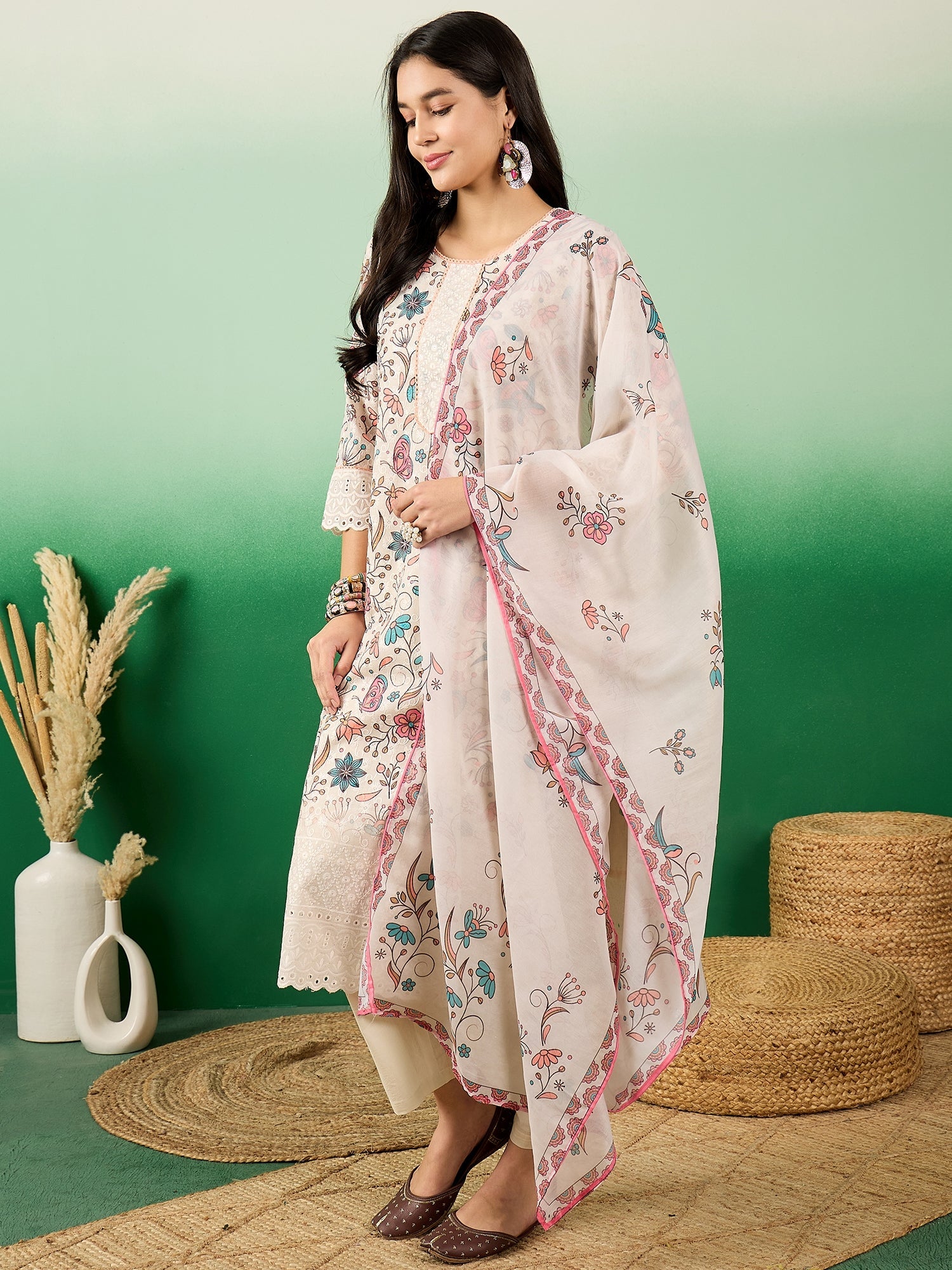Floral Printed Cotton Round Neck Straight Kurta With Trousers & Dupatta - Buy Best Ethnic Wear for Women & Girls | Daily Woman - 