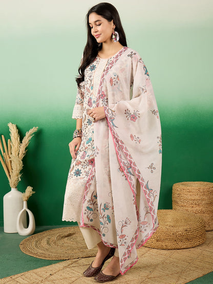 Floral Printed Cotton Round Neck Straight Kurta With Trousers & Dupatta - Buy Best Ethnic Wear for Women & Girls | Daily Woman - 