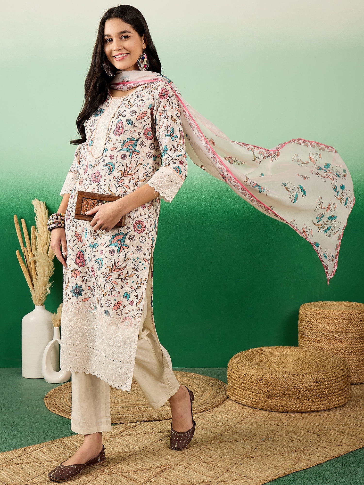 Floral Printed Cotton Round Neck Straight Kurta With Trousers & Dupatta - Buy Best Ethnic Wear for Women & Girls | Daily Woman - 