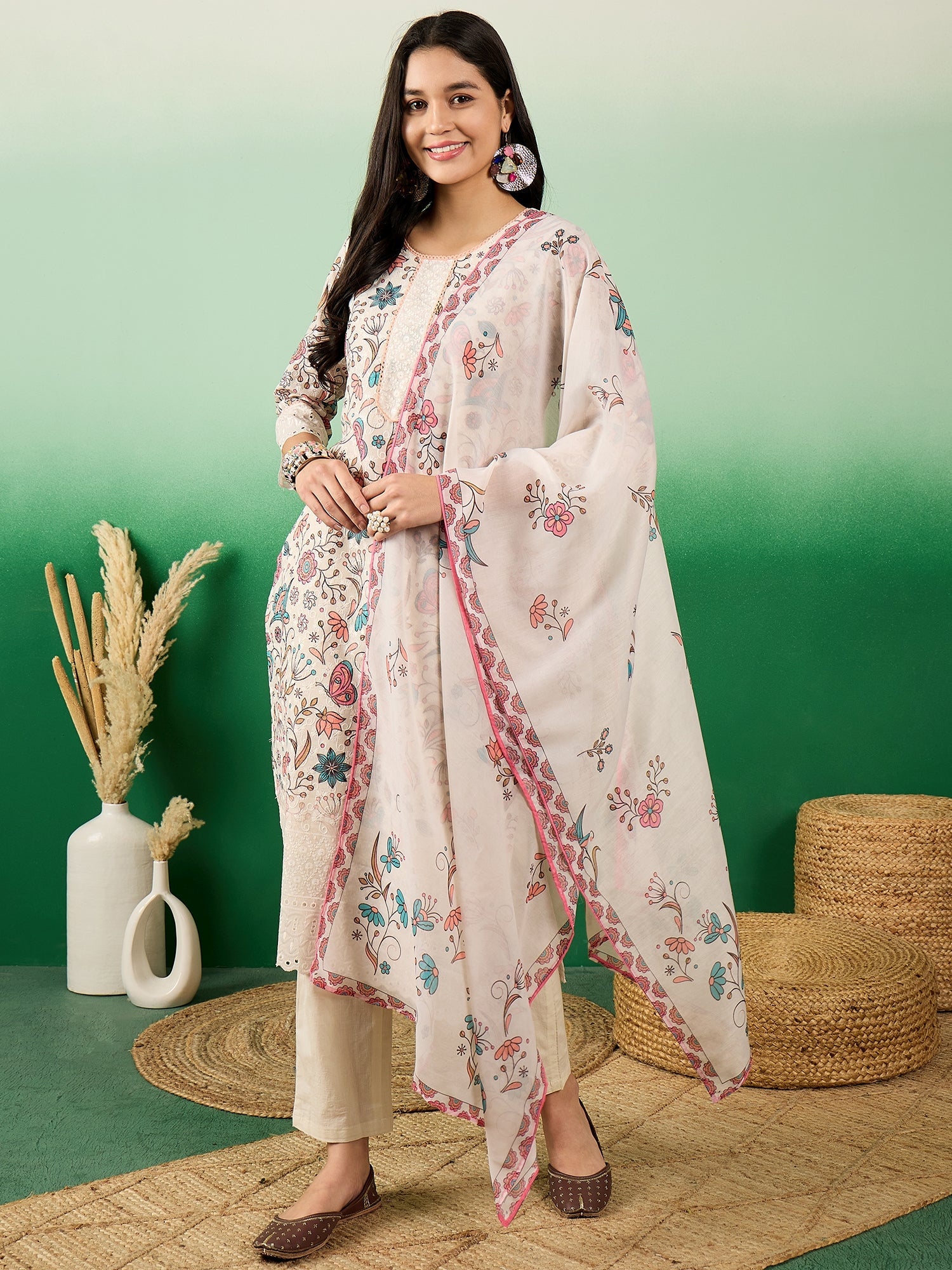 Floral Printed Cotton Round Neck Straight Kurta With Trousers & Dupatta - Buy Best Ethnic Wear for Women & Girls | Daily Woman - 