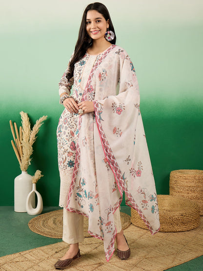 Floral Printed Cotton Round Neck Straight Kurta With Trousers & Dupatta - Buy Best Ethnic Wear for Women & Girls | Daily Woman - 
