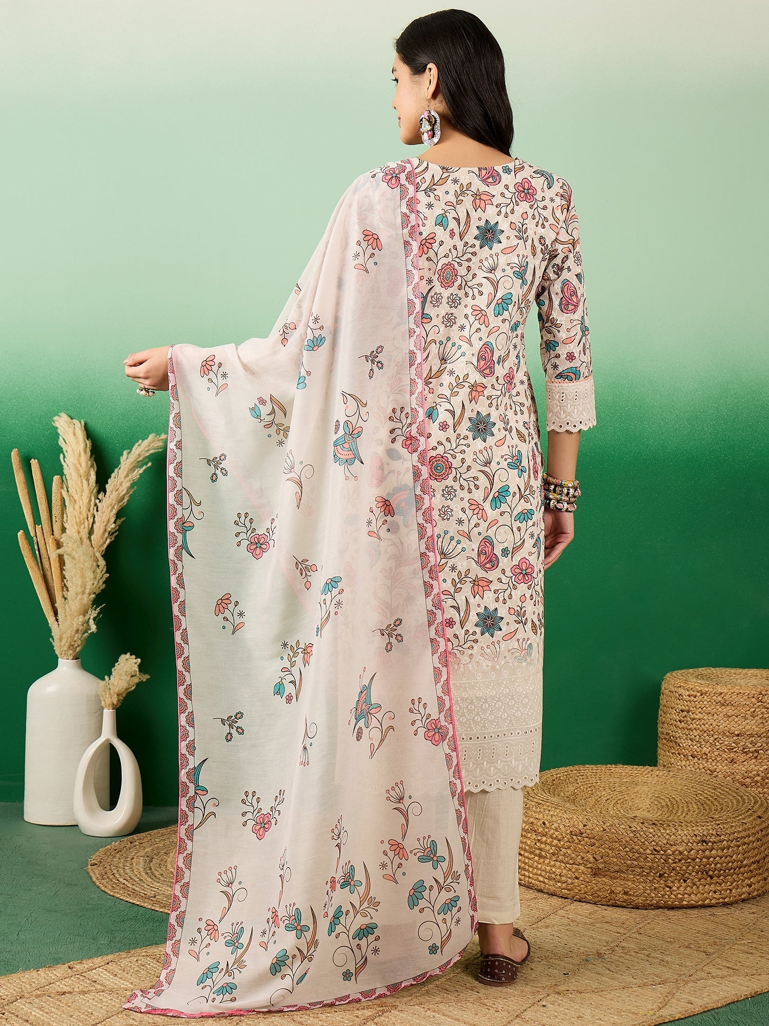 Floral Printed Cotton Round Neck Straight Kurta With Trousers & Dupatta - Buy Best Ethnic Wear for Women & Girls | Daily Woman - 
