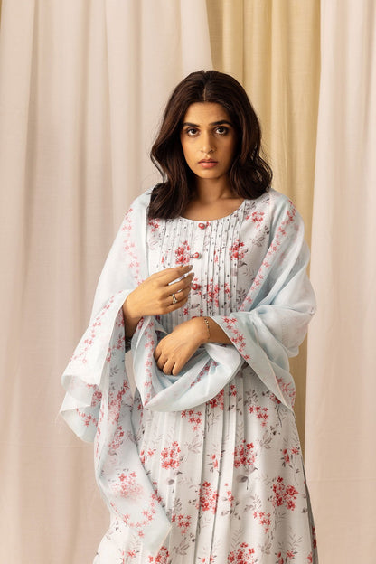 Floral Printed Linen A-Line Kurta With Trousers & Dupatta - Buy Best Ethnic Wear for Women & Girls | Daily Woman - 