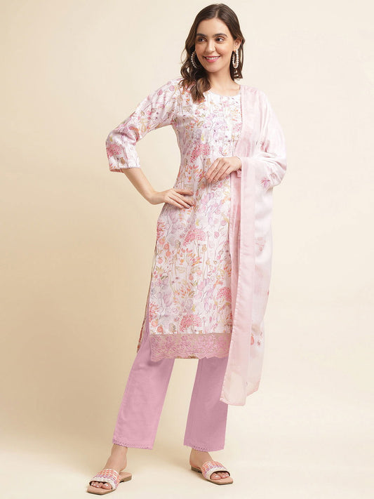 Floral Printed Linen Kurta With Trousers & Dupatta - Buy Best Ethnic Wear for Women & Girls | Daily Woman - 