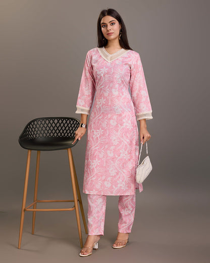 Floral Printed Linen Yoke or Border Design Straight Kurta & Trousers - Buy Best Ethnic Wear for Women & Girls | Daily Woman - 