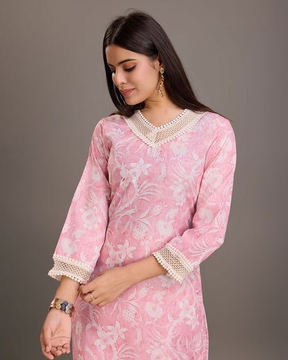 Floral Printed Linen Yoke or Border Design Straight Kurta & Trousers - Buy Best Ethnic Wear for Women & Girls | Daily Woman - 