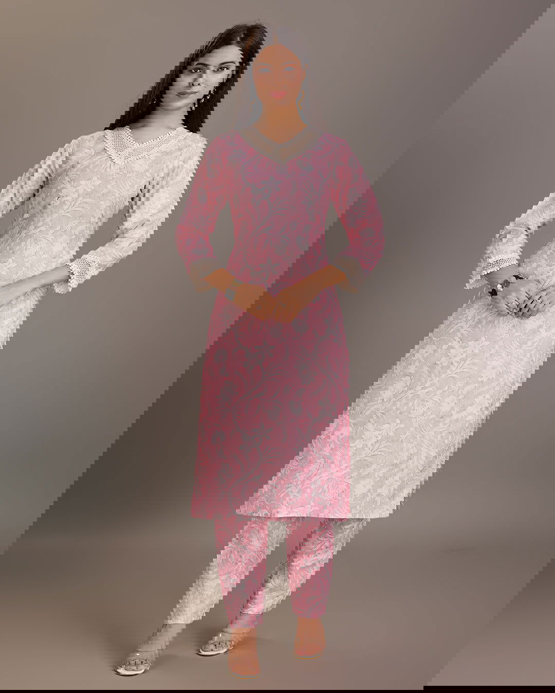 Floral Printed Linen Yoke or Border Design Straight Kurta & Trousers - Buy Best Ethnic Wear for Women & Girls | Daily Woman - 