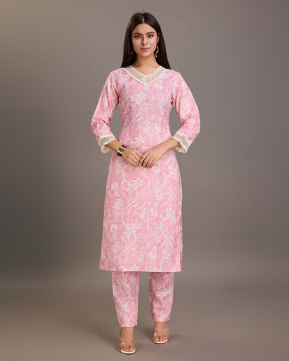 Floral Printed Linen Yoke or Border Design Straight Kurta & Trousers - Buy Best Ethnic Wear for Women & Girls | Daily Woman - 
