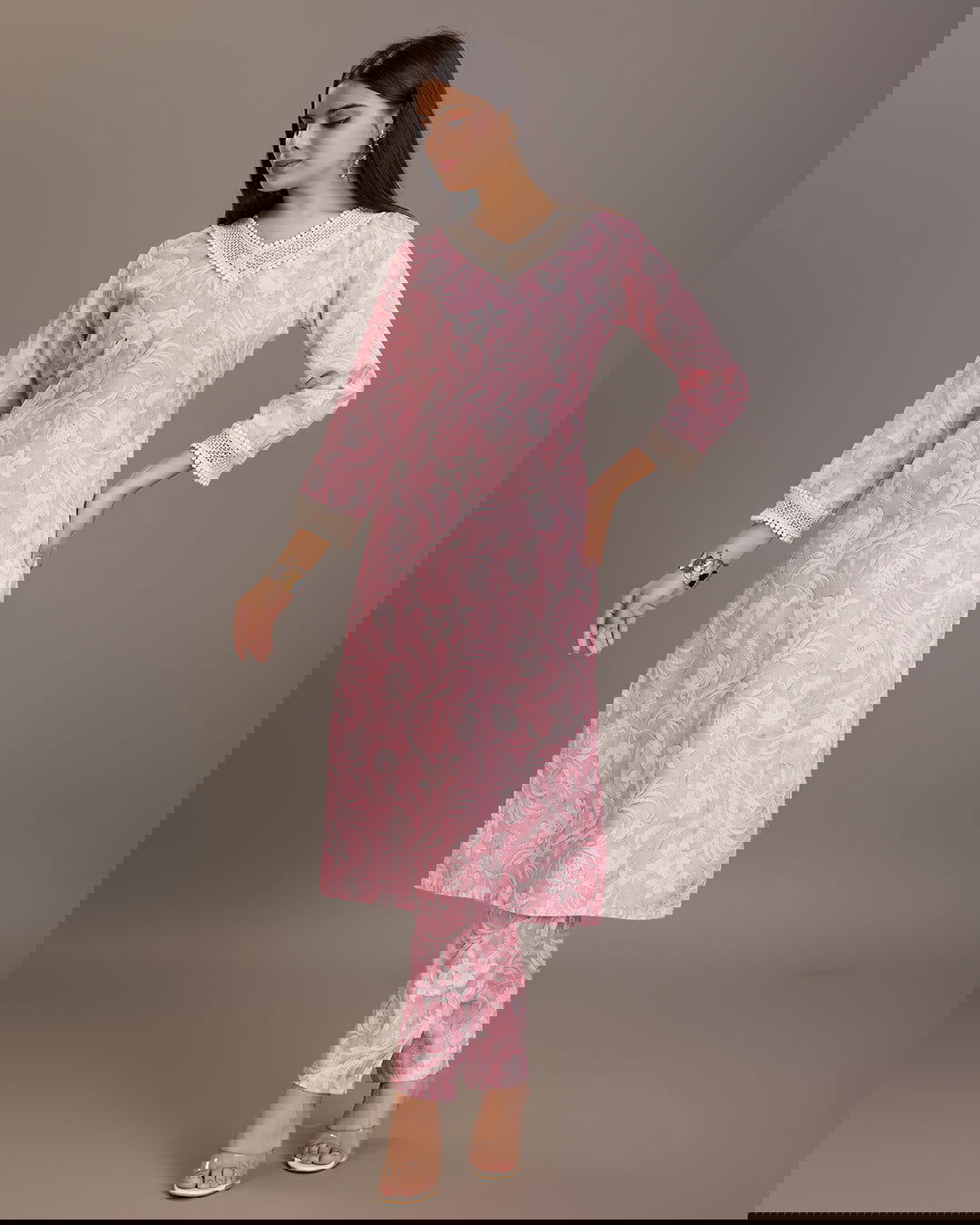 Floral Printed Linen Yoke or Border Design Straight Kurta & Trousers - Buy Best Ethnic Wear for Women & Girls | Daily Woman - 
