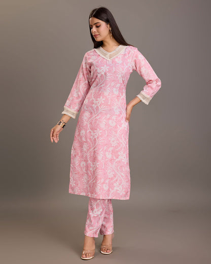 Floral Printed Linen Yoke or Border Design Straight Kurta & Trousers - Buy Best Ethnic Wear for Women & Girls | Daily Woman - 