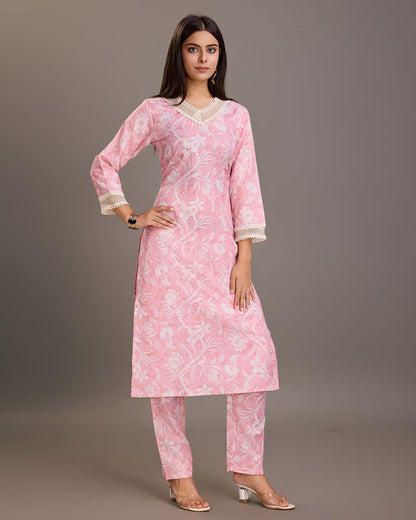 Floral Printed Linen Yoke or Border Design Straight Kurta & Trousers - Buy Best Ethnic Wear for Women & Girls | Daily Woman - 