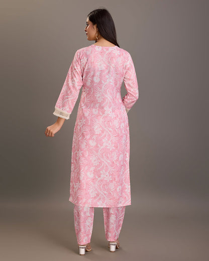 Floral Printed Linen Yoke or Border Design Straight Kurta & Trousers - Buy Best Ethnic Wear for Women & Girls | Daily Woman - 