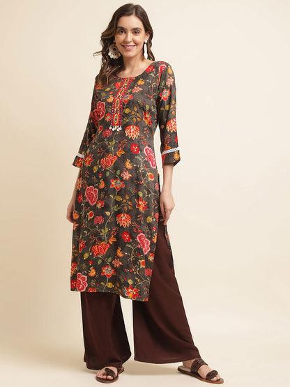 Floral Printed Mirror Work Straight Kurta - Buy Best Ethnic Wear for Women & Girls | Daily Woman - 