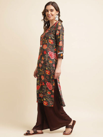 Floral Printed Mirror Work Straight Kurta - Buy Best Ethnic Wear for Women & Girls | Daily Woman - 