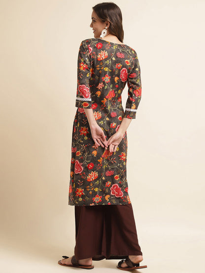 Floral Printed Mirror Work Straight Kurta - Buy Best Ethnic Wear for Women & Girls | Daily Woman - 