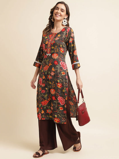 Floral Printed Mirror Work Straight Kurta - Buy Best Ethnic Wear for Women & Girls | Daily Woman - 