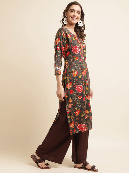Floral Printed Mirror Work Straight Kurta - Buy Best Ethnic Wear for Women & Girls | Daily Woman - 