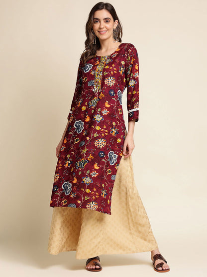 Floral Printed Mirror Work Straight Kurta - Buy Best Ethnic Wear for Women & Girls | Daily Woman - 