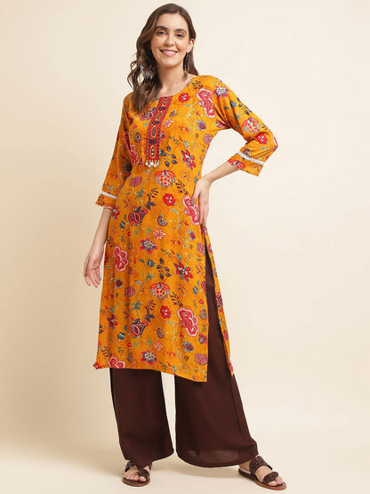 Floral Printed Mirror Work Straight Kurta - Buy Best Ethnic Wear for Women & Girls | Daily Woman - 