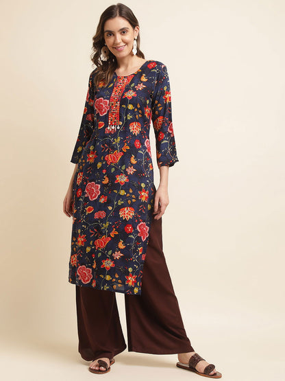 Floral Printed Mirror Work Straight Kurta - Buy Best Ethnic Wear for Women & Girls | Daily Woman - 