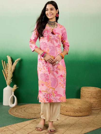 Floral Printed Notch Neck Straight Kurta - Buy Best Ethnic Wear for Women & Girls | Daily Woman - 