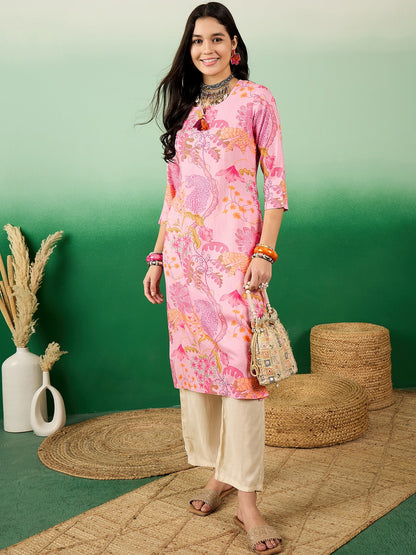 Floral Printed Notch Neck Straight Kurta - Buy Best Ethnic Wear for Women & Girls | Daily Woman - 