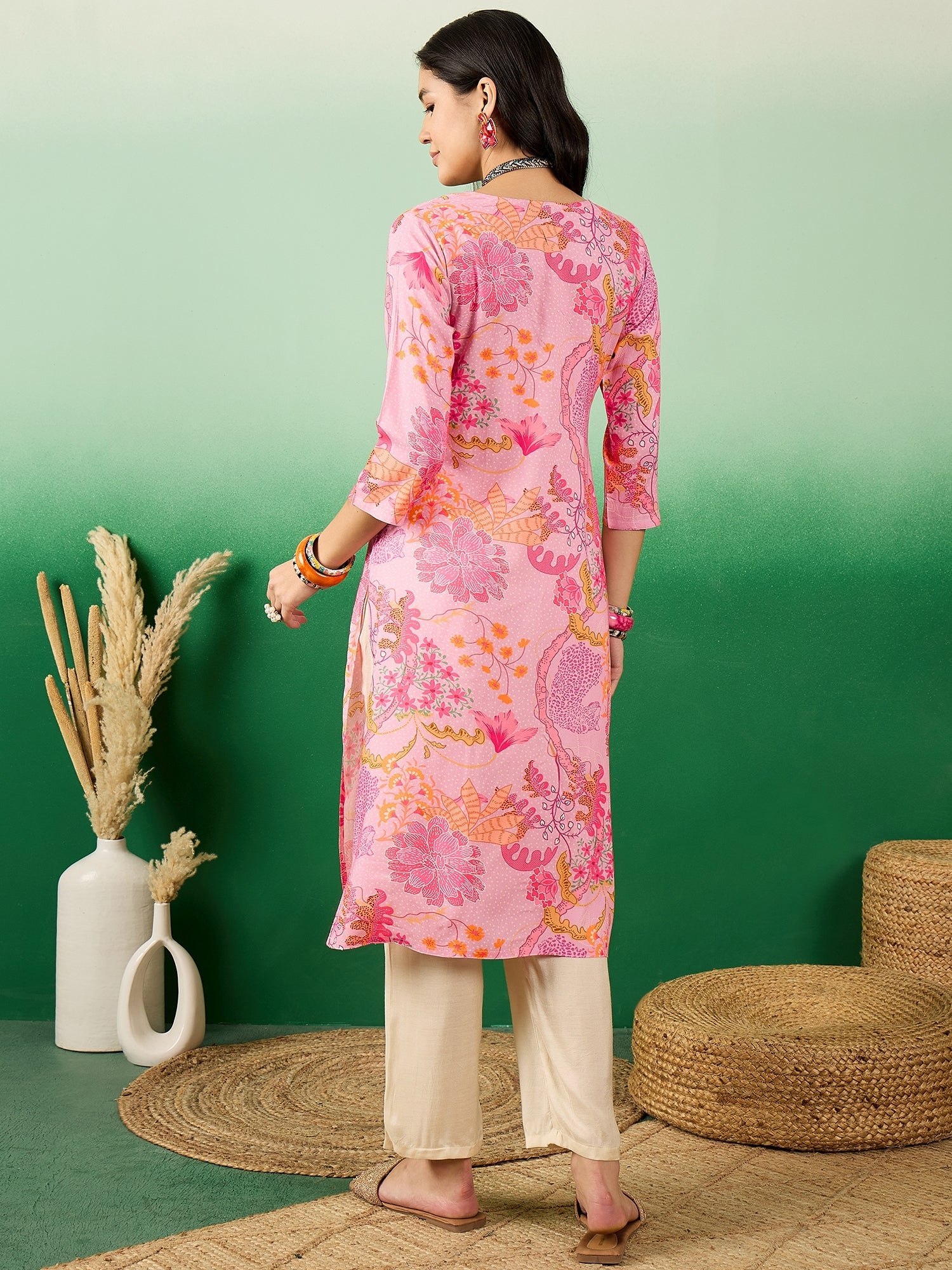 Floral Printed Notch Neck Straight Kurta - Buy Best Ethnic Wear for Women & Girls | Daily Woman - 