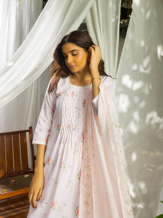 Floral Printed Pleated Kurta & Trousers With Dupatta - Buy Best Ethnic Wear for Women & Girls | Daily Woman - 