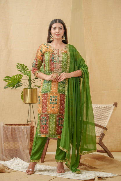 Floral Printed Regular Thread Work Linen Kurta with Trousers & Dupattata - Buy Best Ethnic Wear for Women & Girls | Daily Woman - 
