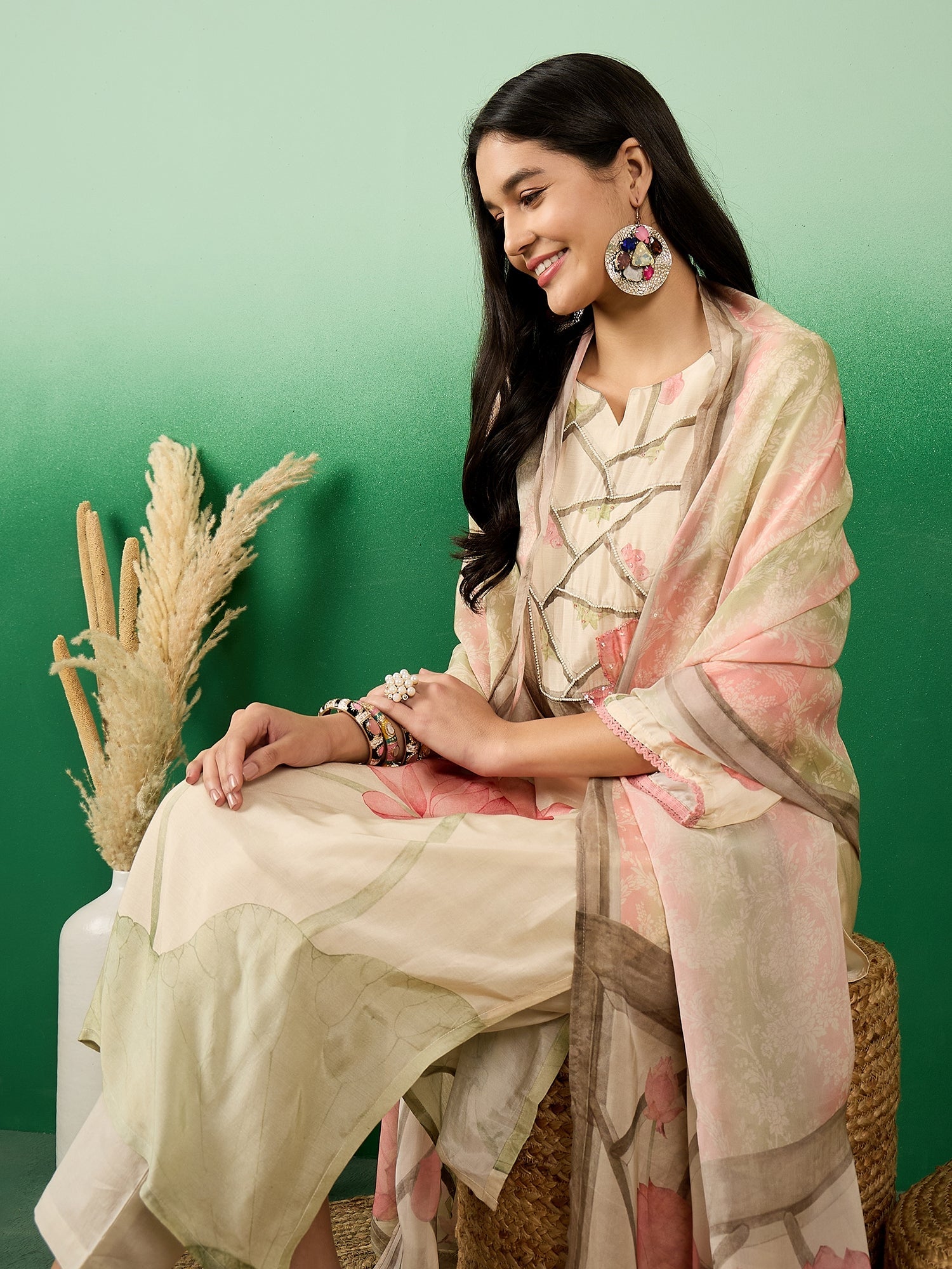 Floral Printed Round Neck Straight Kurta With Trousers & Dupatta - Buy Best Ethnic Wear for Women & Girls | Daily Woman - 