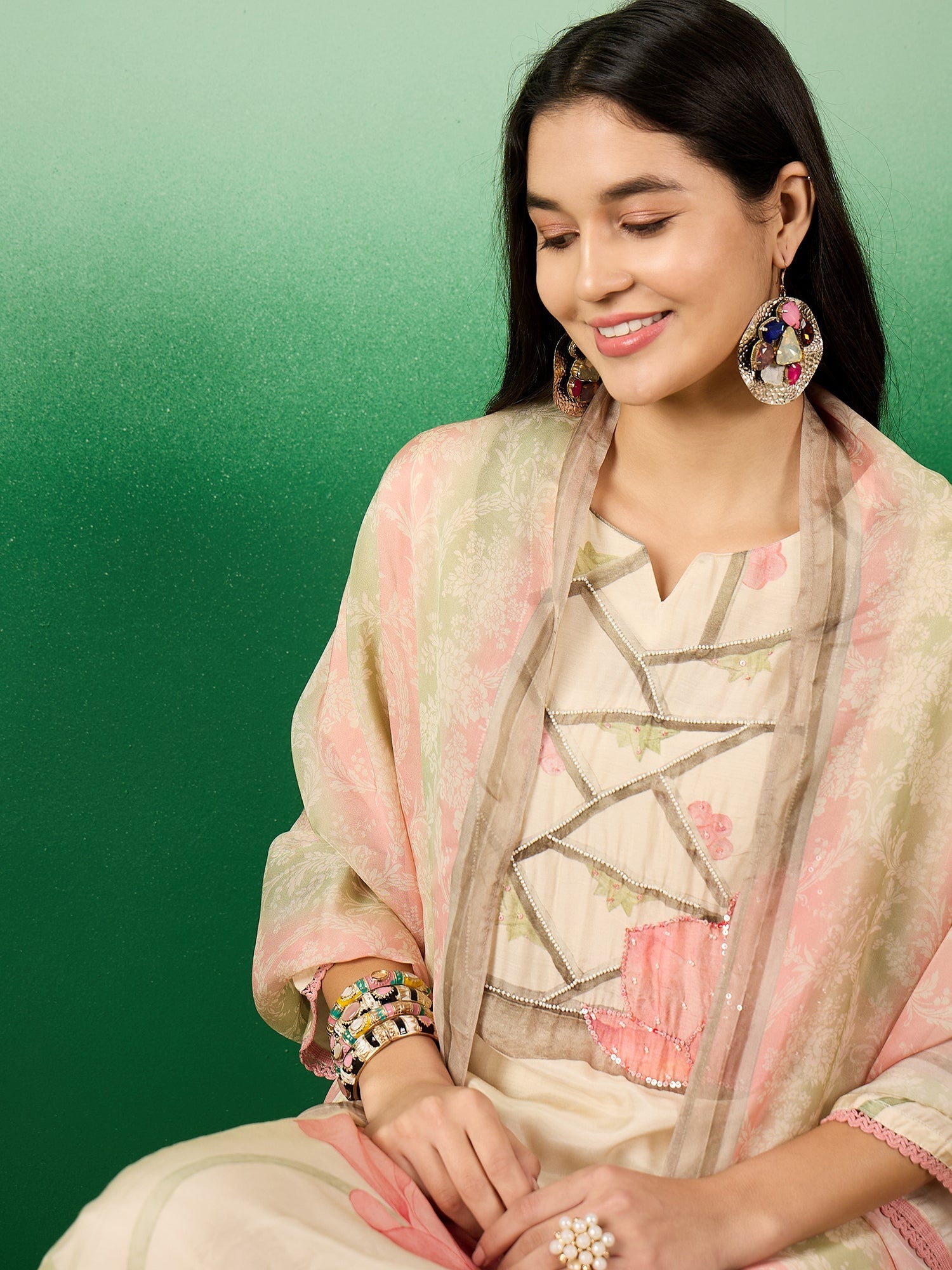 Floral Printed Round Neck Straight Kurta With Trousers & Dupatta - Buy Best Ethnic Wear for Women & Girls | Daily Woman - 