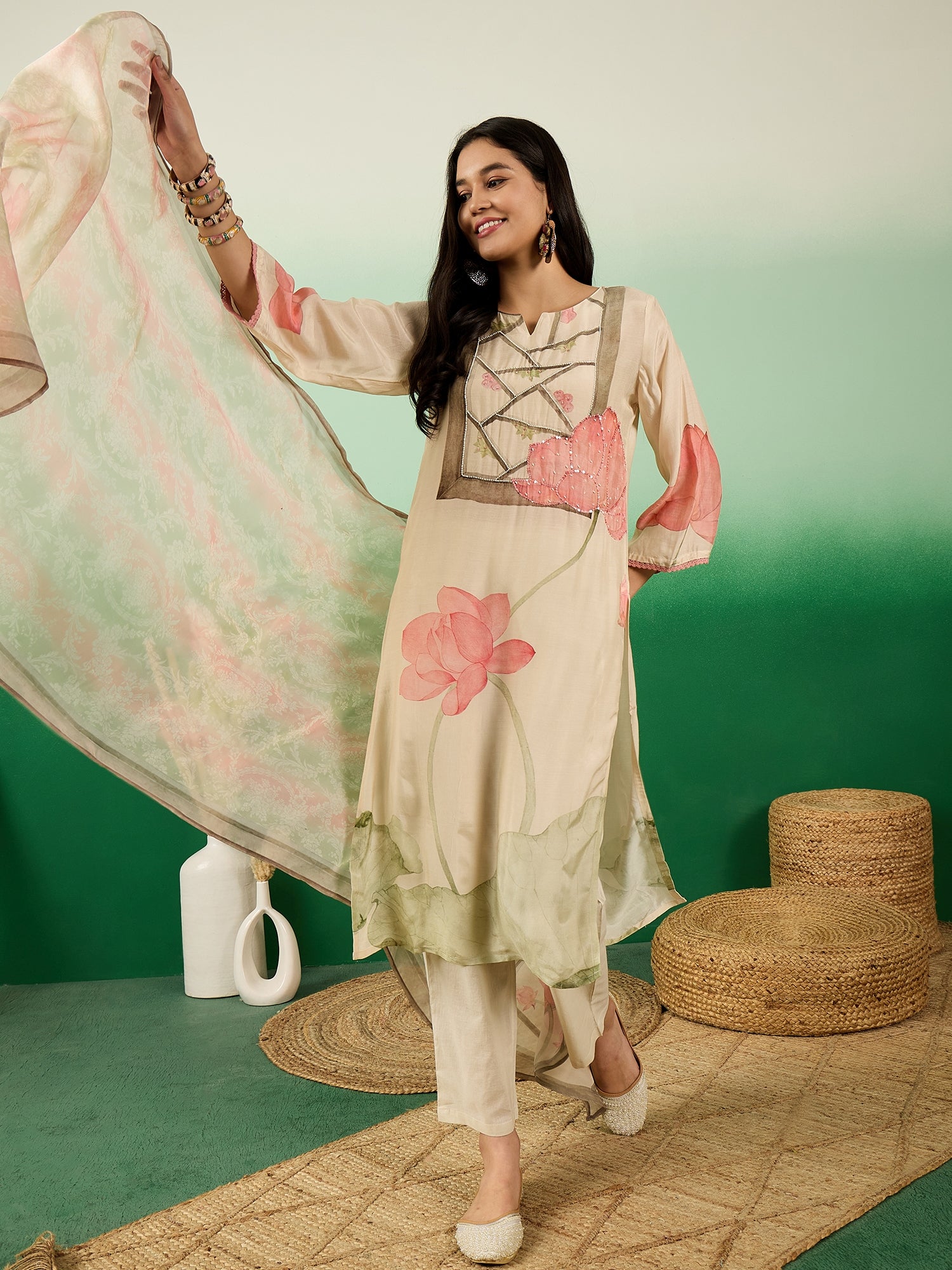 Floral Printed Round Neck Straight Kurta With Trousers & Dupatta - Buy Best Ethnic Wear for Women & Girls | Daily Woman - 