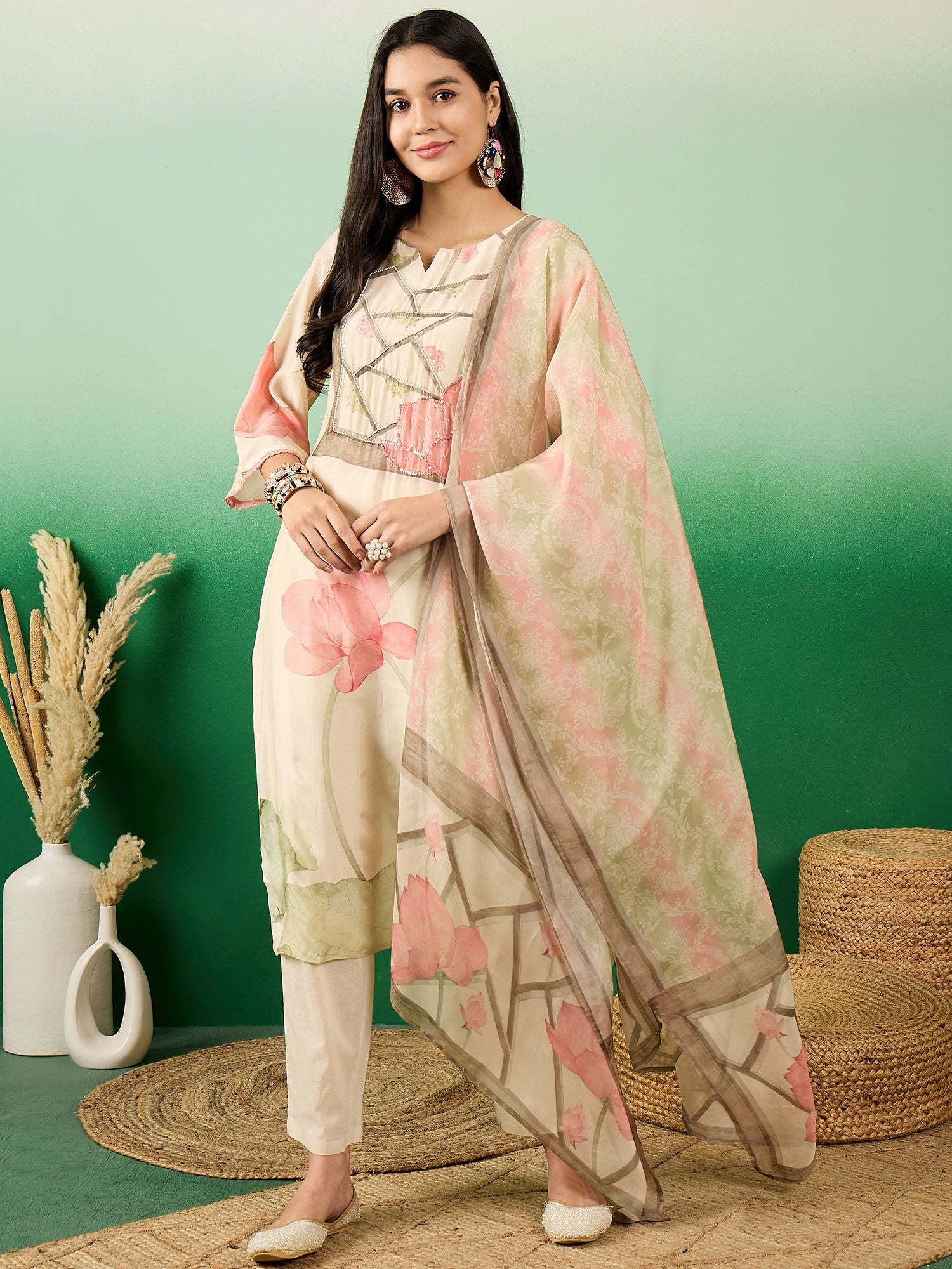 Floral Printed Round Neck Straight Kurta With Trousers & Dupatta - Buy Best Ethnic Wear for Women & Girls | Daily Woman - 