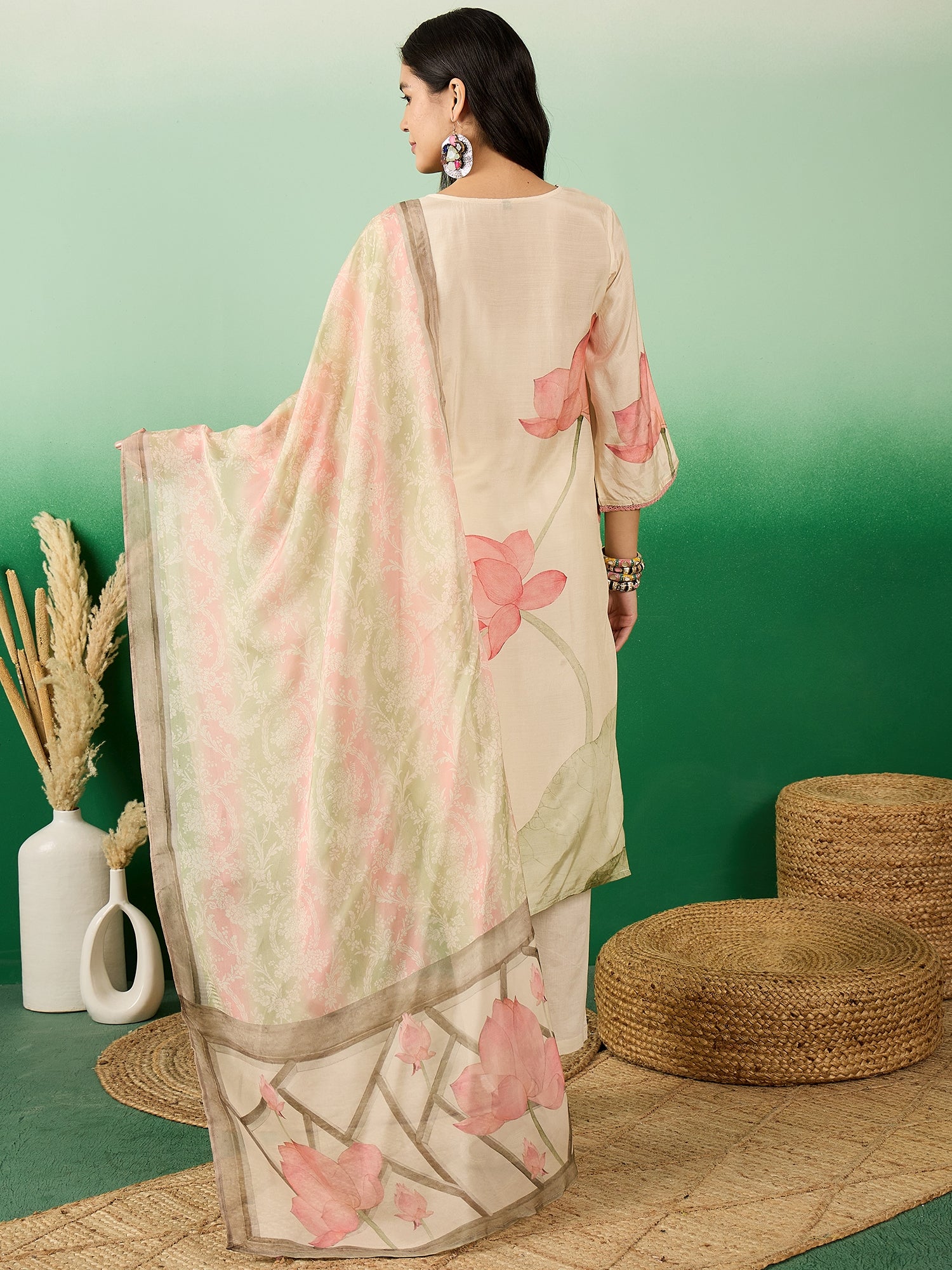Floral Printed Round Neck Straight Kurta With Trousers & Dupatta - Buy Best Ethnic Wear for Women & Girls | Daily Woman - 