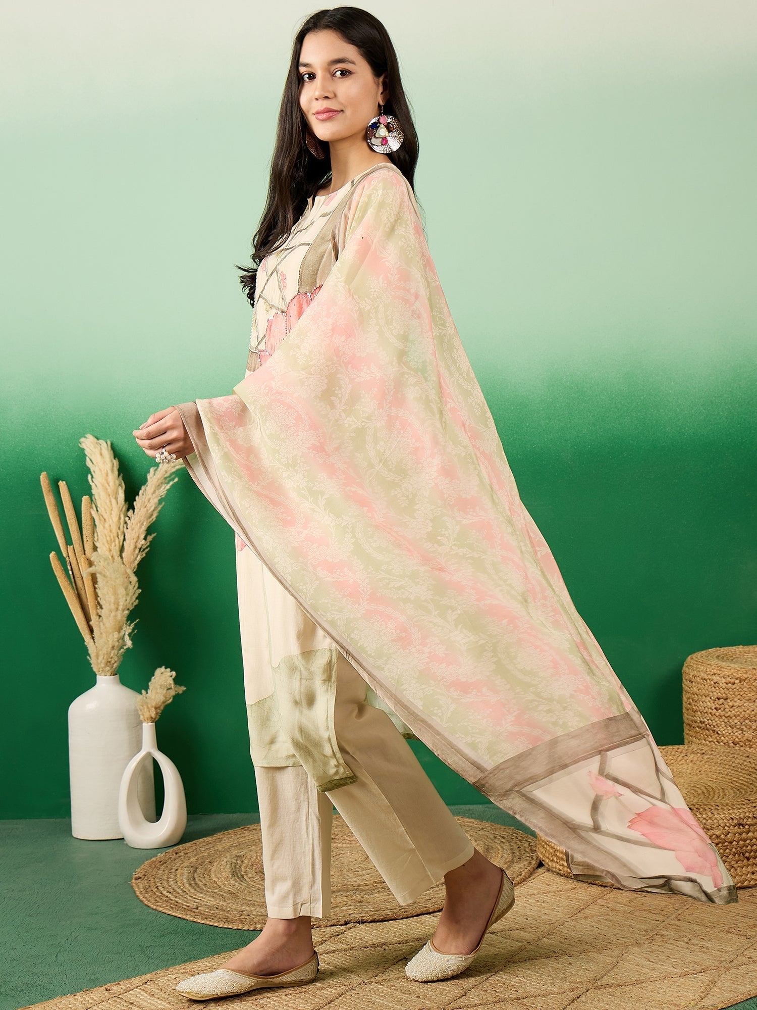 Floral Printed Round Neck Straight Kurta With Trousers & Dupatta - Buy Best Ethnic Wear for Women & Girls | Daily Woman - 