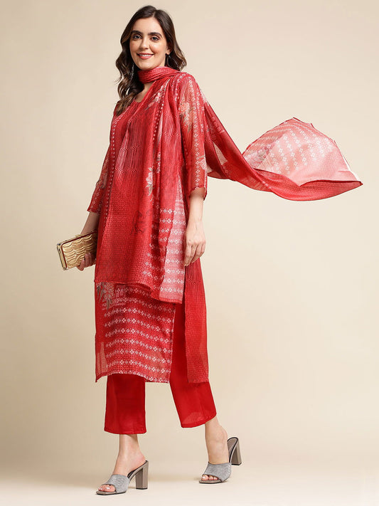 Floral Printed Sequinned Chanderi Cotton Straight Kurta With Trouser & Dupatta Set - Buy Best Ethnic Wear for Women & Girls | Daily Woman - 