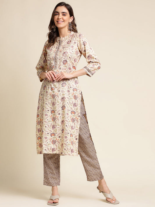 Floral Printed Thread Work Mandarin Collar Straight Linen Kurta With Trouser - Buy Best Ethnic Wear for Women & Girls | Daily Woman - 