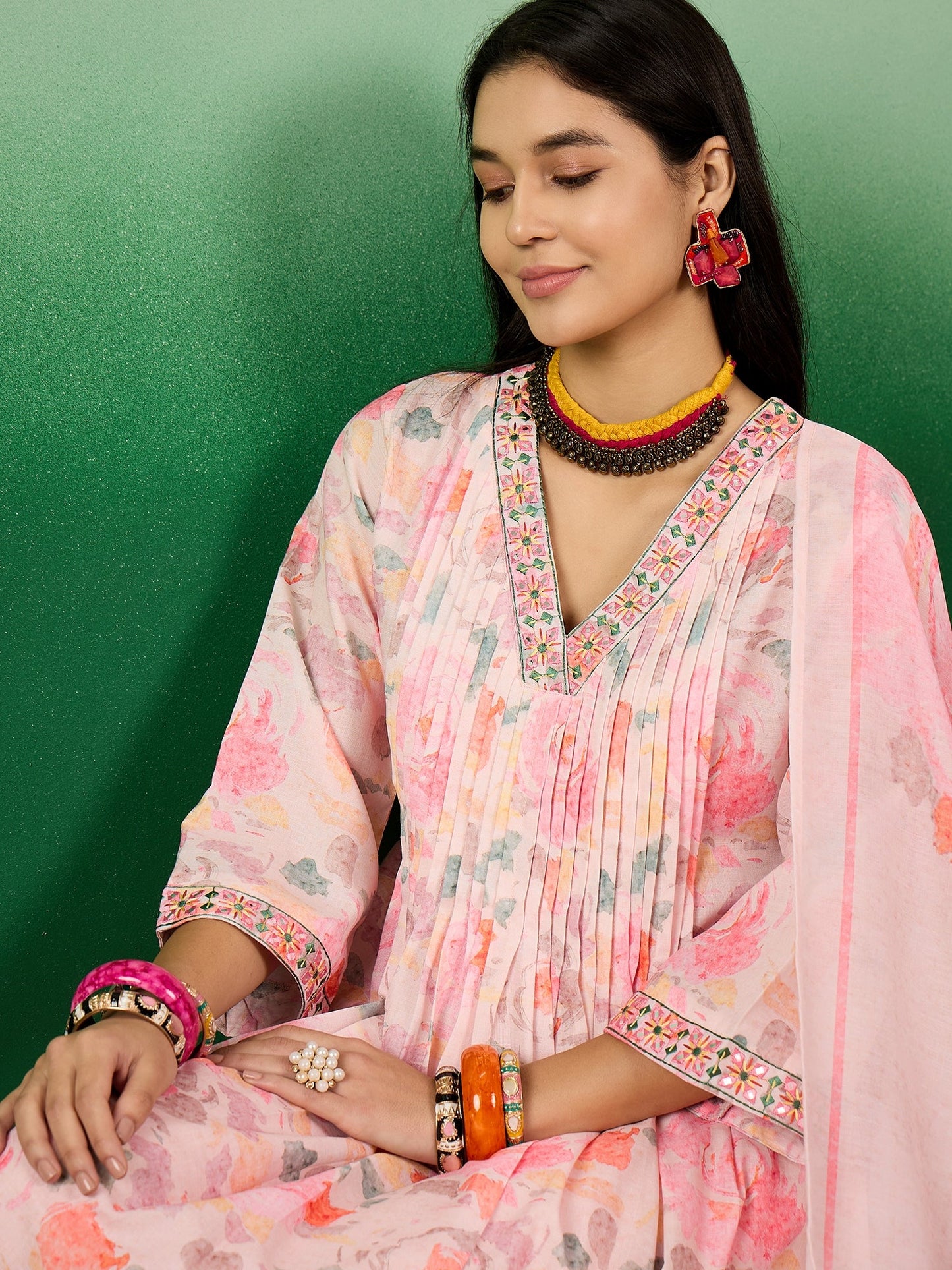 Floral Printed V-Neck Kurta With Trousers & Dupatta - Buy Best Ethnic Wear for Women & Girls | Daily Woman - 