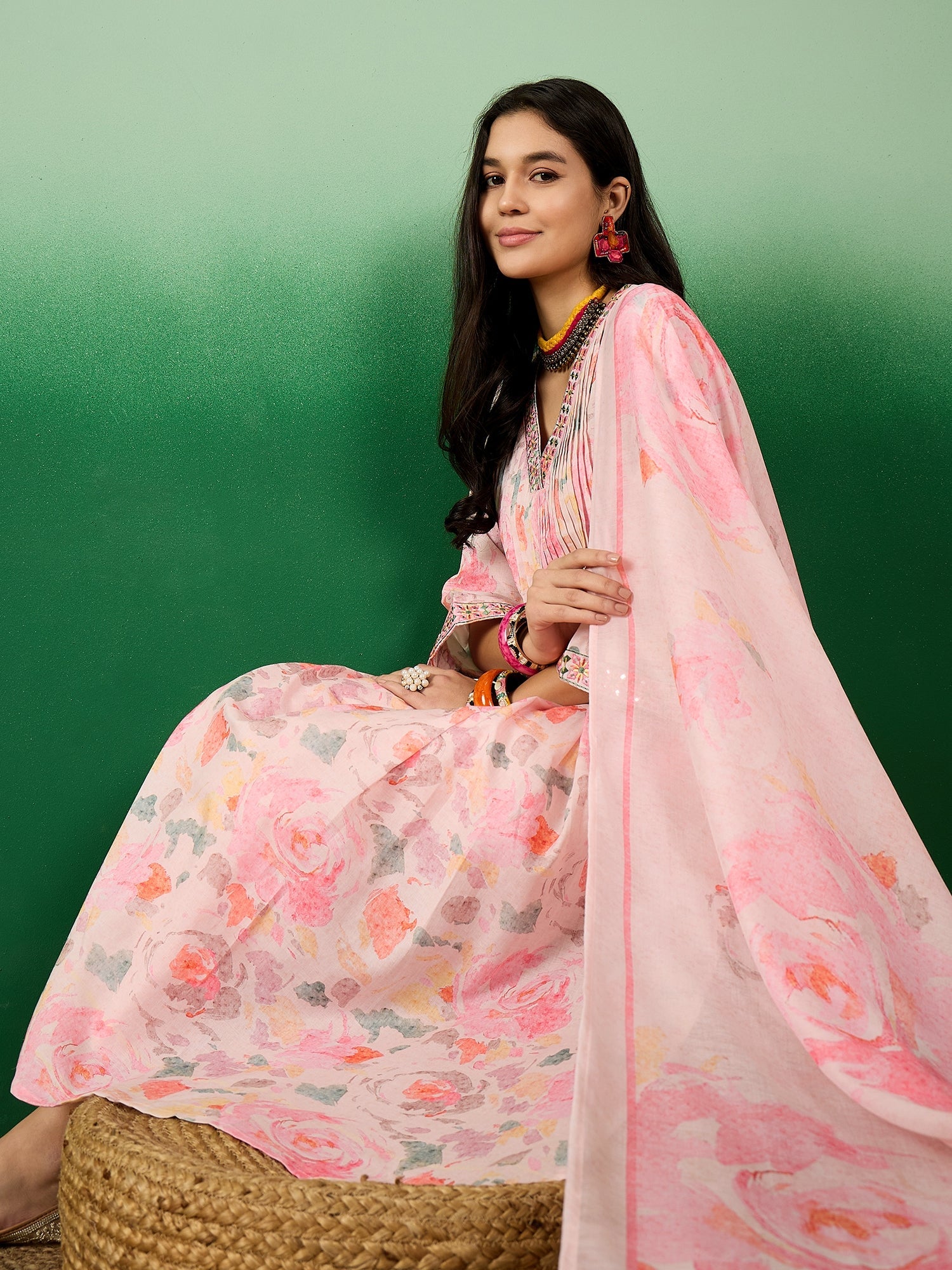 Floral Printed V-Neck Kurta With Trousers & Dupatta - Buy Best Ethnic Wear for Women & Girls | Daily Woman - 