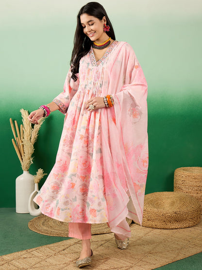 Floral Printed V-Neck Kurta With Trousers & Dupatta - Buy Best Ethnic Wear for Women & Girls | Daily Woman - 