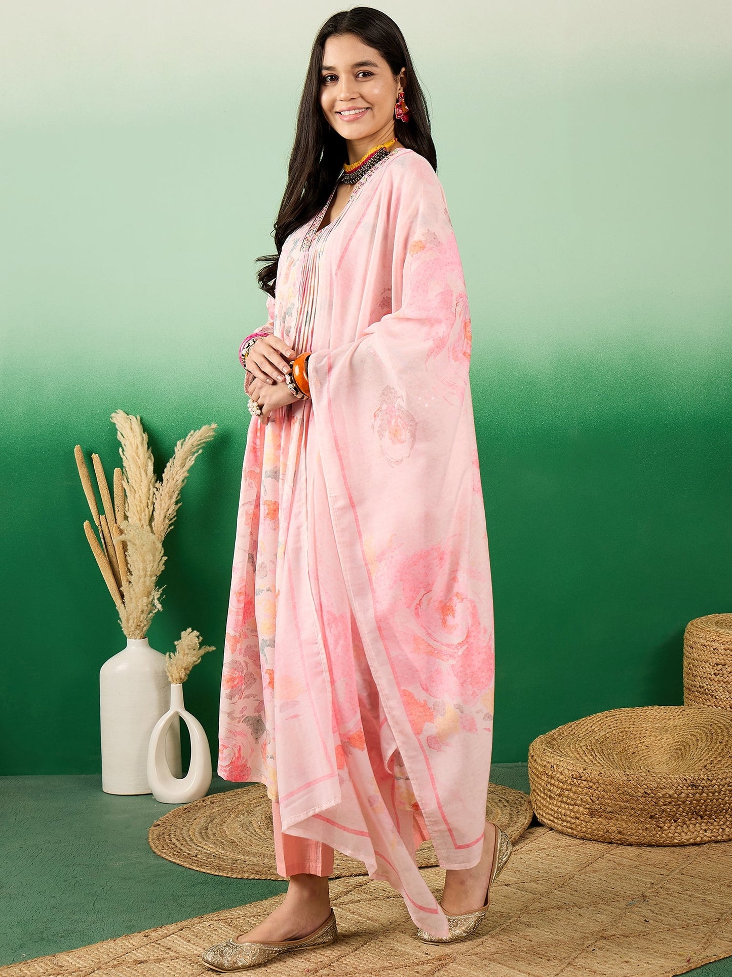 Floral Printed V-Neck Kurta With Trousers & Dupatta - Buy Best Ethnic Wear for Women & Girls | Daily Woman - 