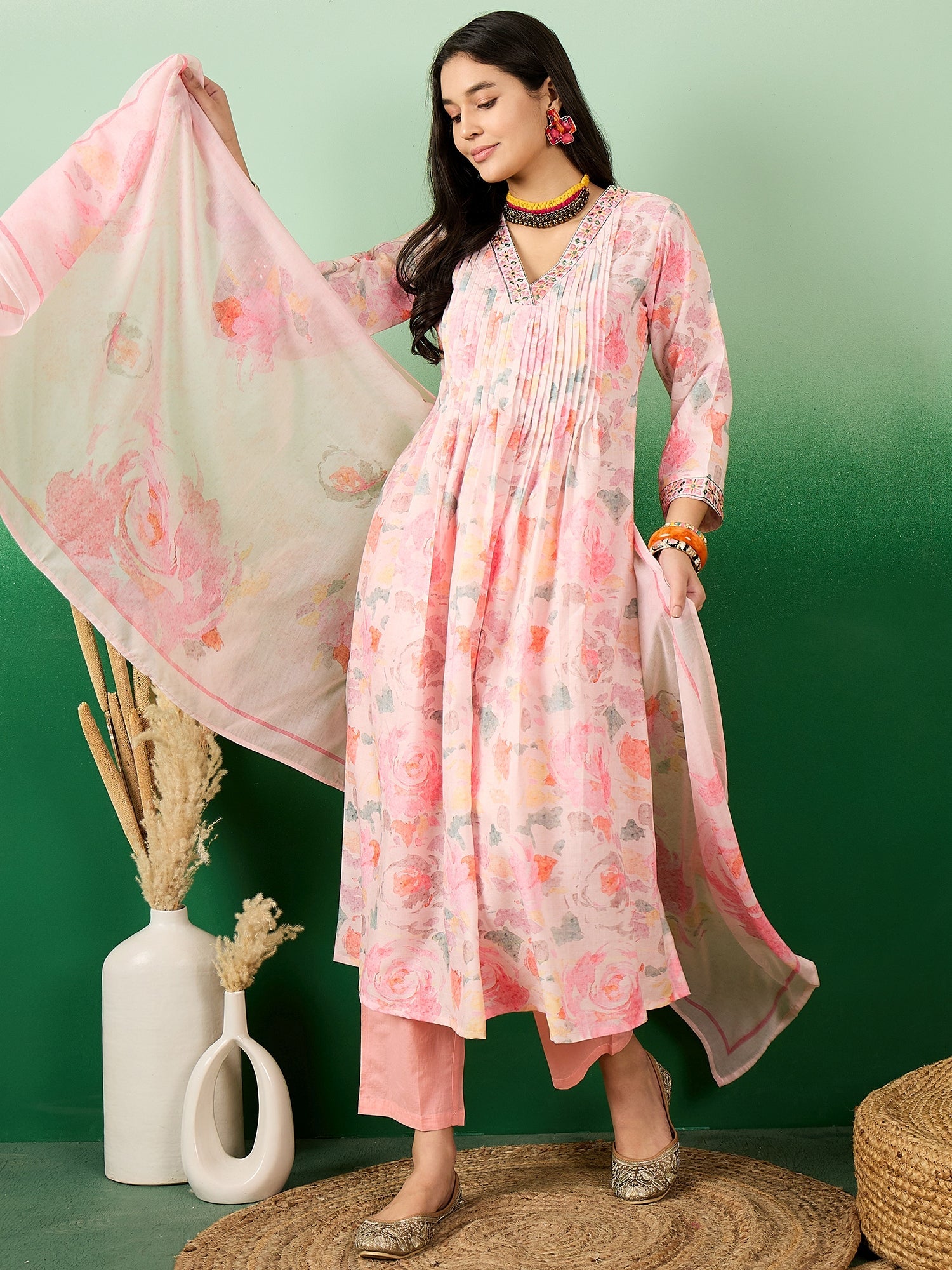 Floral Printed V-Neck Kurta With Trousers & Dupatta - Buy Best Ethnic Wear for Women & Girls | Daily Woman - 